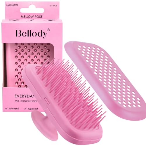 Bellody® Everyday Brush, funzione di pulizia brevettata, pulizia in pochi secondi, pettinatura igienica e massaggio per il cuoio capelluto, formato tascabile (bella spazzola di colore rosa opaco)