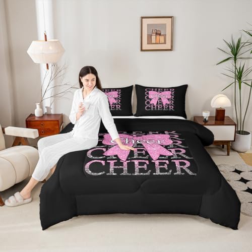 Image of Feelyou Cheer Bow Comforter Set Queen Size Cheerleading Bedding Set for Kids Boys Girls Funny Sport Duvet Quilt Pink Bedroom Decor Microfiber 3 Pcs with 2 Pillow Cases