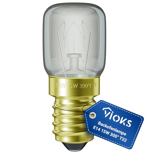 VIOKS Glühlampe E14 Glühbirne 15W 230V 300°C 22mmØ 48mm für Neff AEG Bauknecht Herd Kühlschrank Mikrowelle - T22 Kühlschrank Licht Backofen Lampe E14 Golden - Leuchtmittel für Backöfen und Herde