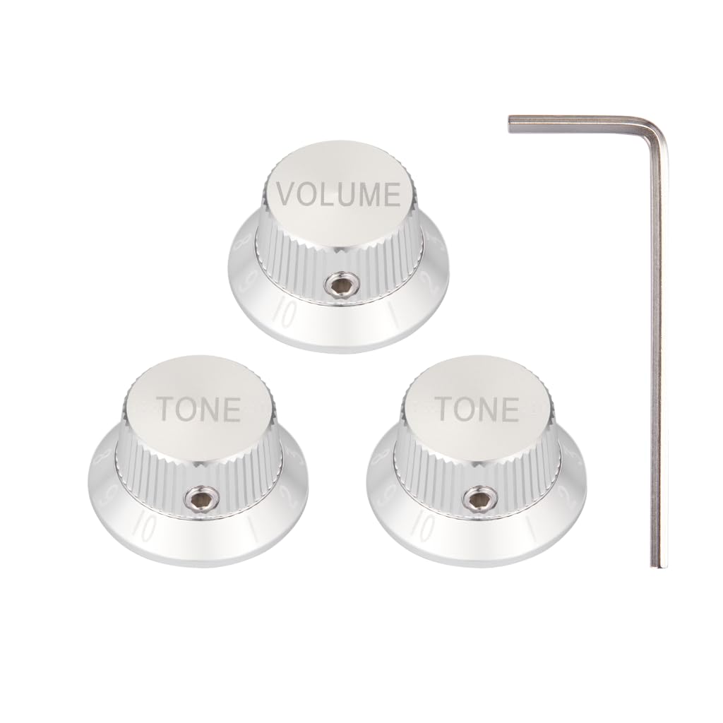KAISH Premium Metal 1/4" Universal Guitar Potentiometer Knobs Aluminium Volume Tone Top Hat Bell Knobs with Set Screw for Strat/Ibanez/Yamaha/Les Paul 1*Volume 2*Tone Silver