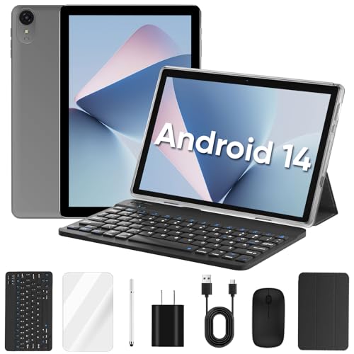 Tablet, 10 inch Android 14 Tablets with Keyboard, 6GB RAM 64GB ROM 1TB Expand, 1280x800 Touch Screen, Quad-Core Processor, 6000mAh Battery, Dual Camera, WiFi, Bluetooth 5.0 (Black)
