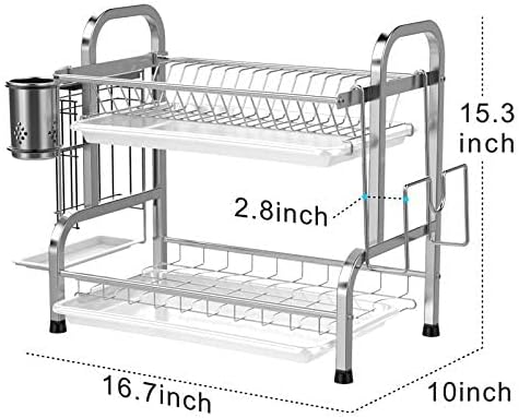 Cambond Dish Drying Rack, 304 Stainless Steel 2 Tier Dish Rack with Drain Board, Utensil Holder, Cutting Board Holder, Non-Rust Dish Drainers for Kitchen Counter, Silver