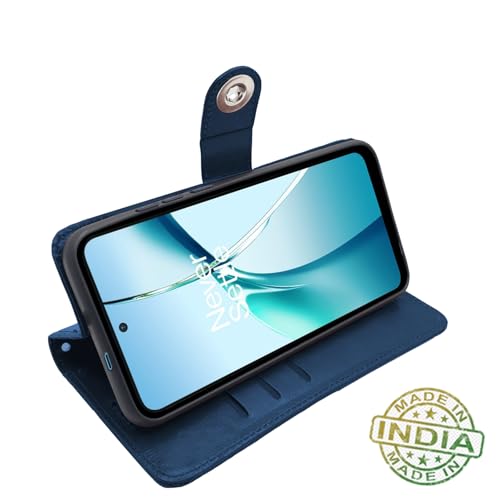 Image of Pikkme Flip Cover Leather Finish | Inside TPU with Card Pockets | Wallet Stand and Shock Proof | Complete Protection Button Flip Case for OnePlus Nord CE 4 Lite 5G (Blue)