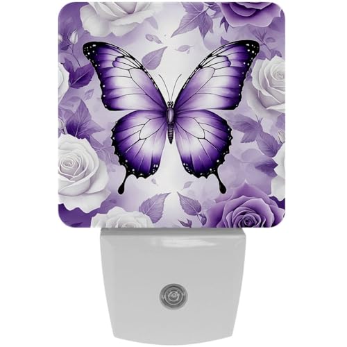 Image of NEWzone Butterfly Rose Purple Night Light [2 Pack], Plug in Wall Led Night Lights Decor for Boys Girls Room, Dusk to Dawn Sensor Wall Lamp for Stairway /Bedroom /Kitchen /Nursery Room