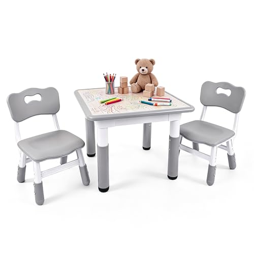 Pterying Kids Table and Chairs Set - 23.6" L x 23.6" W Height Adjustable Toddler Desk, Non-Slip Toddler Table with Graffiti Desktop for Ages 2-8, for Home Preschool Classroom Daycare, Grey