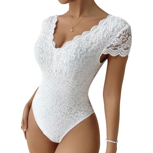 ADUDVLO Damen Body Spitze Sexy V-Ausschnitt Kurzarm Blumendessous Elegant Stickerei Doppellagig Sommer Party Shirt