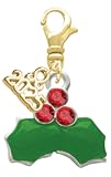 Silvertone Christmas Holly & Red Crystal Berries - Gold-tone Clip on Charm with Mini Year 2025