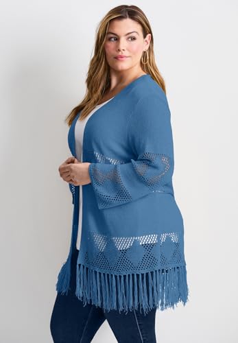 Women's Plus Size Pointelle Fringe Cardigan3