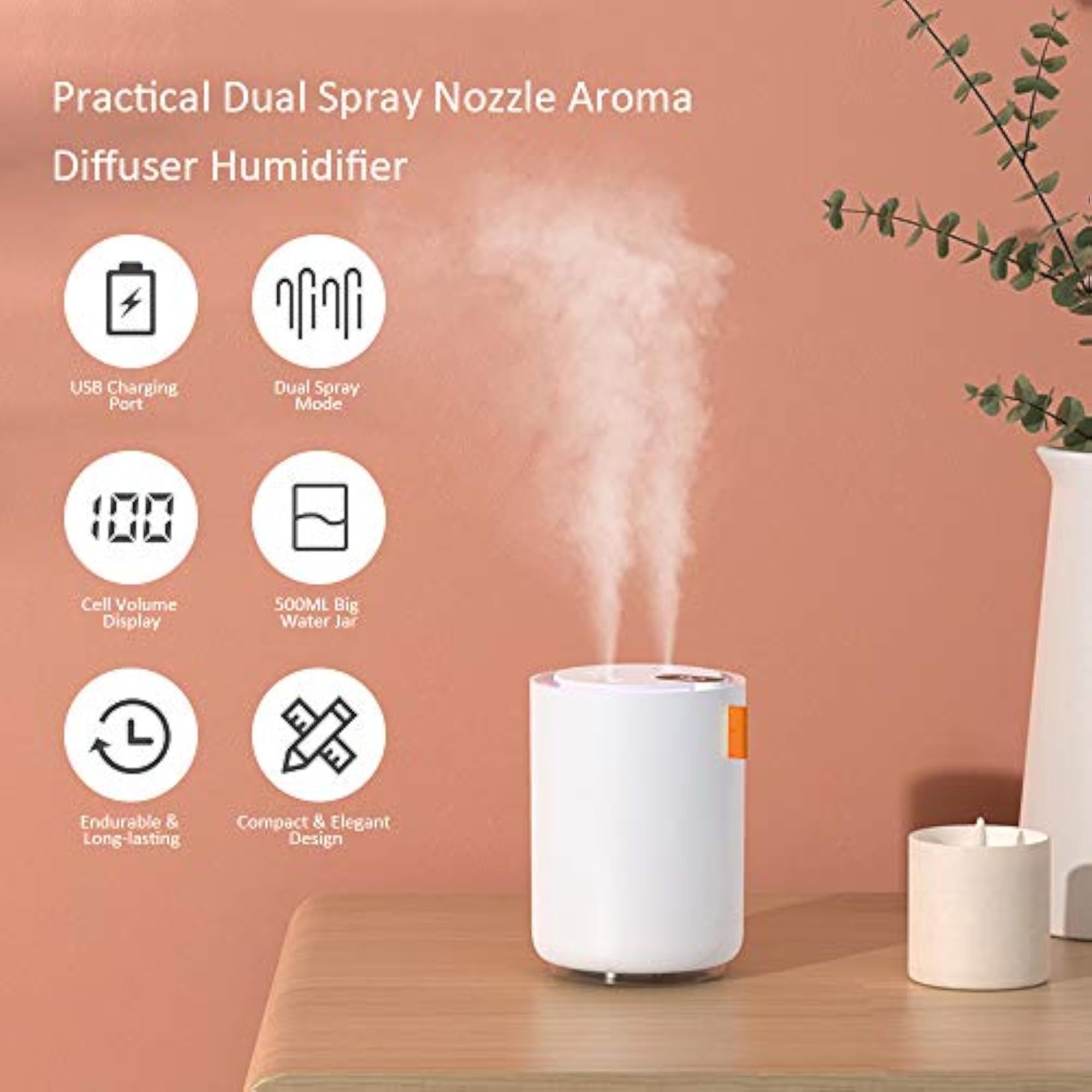 Dual Spray Nozzle Diffuser Humidifier with Adjustable Mist Modes