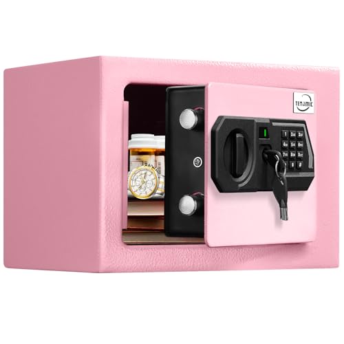 Tenamic Mini Safe Box 0.23 Cubic Feet Electronic Digital Security Box with 2 Passwords, Keypad Lock Box Cabinet Safes, Solid Alloy Steel Office Hotel Home Safe, Pink