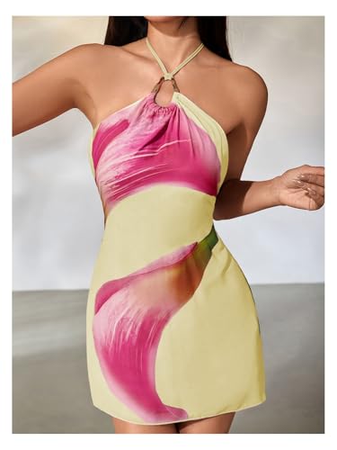 Image of MakeMeChic Women's Floral Halter Backless Cocktail Dress Ring Sleeveless Fall Mini Dresses