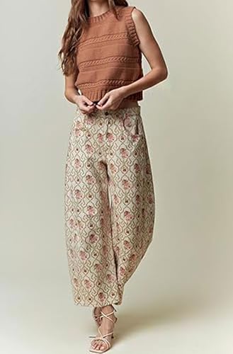 loveimgs Women Vintage Floral Barrel Jeans Flower Print Wide Leg Denim Pants Patchwork Patterned Baggy Jeans Sweatpants Y2k3