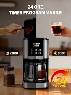 Aigostar - Macchina Caffè Americano, 1000W, Programmabile 24h con Display LCD, Autopulizia, 1.5L (12 Tazze), Regolazione Intensità, Filtro Riutilizzabile, Antigoccia, Piastra Riscaldante, BPA FREE