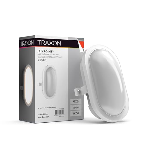 TRAXON LUXPOINT® Aplique Ovalado Exterior Bulkhead   Lambert LED 6W 660Lm CCT 3 tonalidad (Luz Cálida, Neutra, Fría) IP44 PC (Blanco Ovalado, 6 Watios)