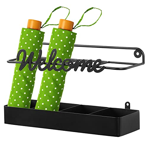 Mygift Wall Mounted Modern Black Metal Space Saving Umbrella Holder Rack, 4 Compartment Entryway Rack For Tall And Short Umbrellas With Decorative Welcome Word Design, 2 Piece Set #TOP7