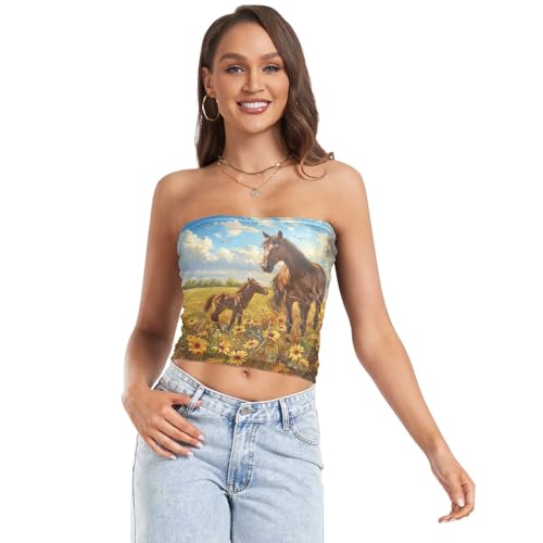 Watercolor Horses Sunflower Field - Camiseta de tubo para mujer, ombliguera para salir, camiseta de tubo de malla, tops de tubo sexy (S), Caballos acuarelas, campo de girasol, M