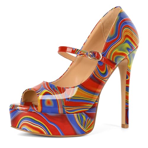 Image of SAMMITOP Women's Peep Toe High Heels Platform Stiletto Pumps Patent Mary Jane Heels 5.5 inch Party Wedding Dress Shoes