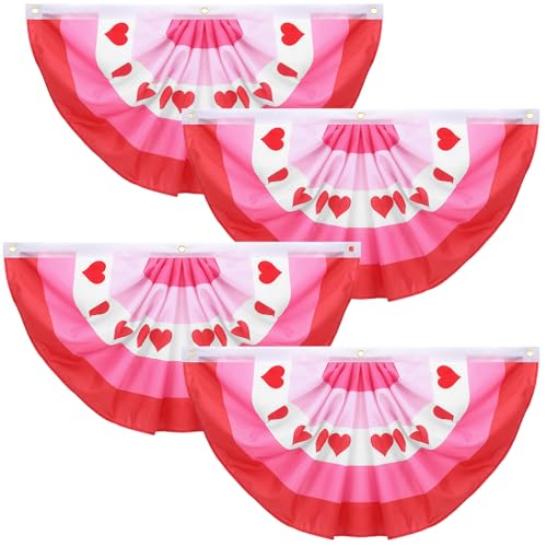 AUGSHY Valentine Bunting,Vintage Valentine's Day Banner Garland 4 Pack Pink Red Heart Outdoor Flags for Romantic Garden Home Decor Half Fan Bunting Set for Indoor Outdoor Festive Decor
