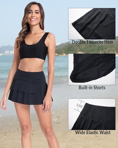 Pinup Fashion High Waisted Swim Skirt - Women Ruched Ruffle Bathing Suit Bottom Skorts with Built-in Shorts4