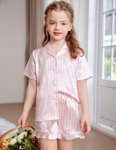 Arshiner Girls Pajamas Silk Satin Pajama Set 2 Piece Button Down Pjs Ruffle Sleepwear3