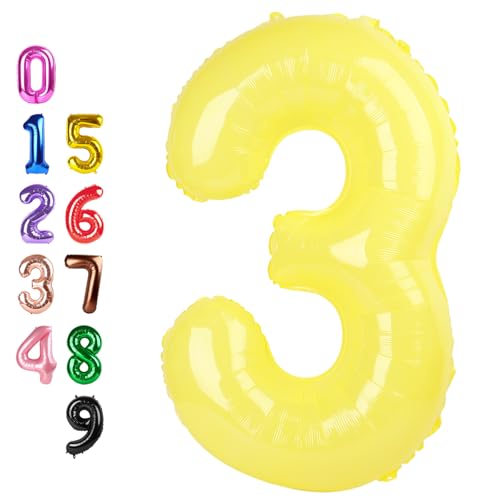 Image of Number Balloons Yellow 3 Balloon 40 inch for 3rd Birthday Party Decorations | Saturated Color, Large 40 inch, With Inflation Straw & Hanging Holes, Great for Thanksgiving, Labor Day, Vintage Theme Party