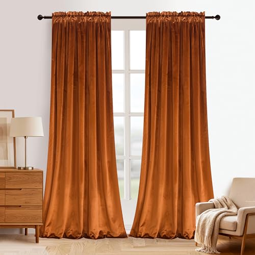 Roslynwood Velvet Orange Curtain 84 inches Long - Curtains Block Light Rod Pocket Thermal Insulated Window Drapes Set for Living Room/Bedroom/Kitchen Room W52 x L84 2 Panels