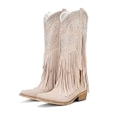 UTIKLIOU Cowboy Boots for Women Knee High Cowgirl Western Fringe Boots Rhinestone Chunky Heel Pointed Toe Beige 11