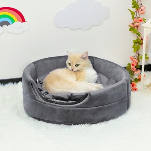 Hollypet Katzenbett Kleines Hundebett, 2-in-1 faltbares Haustier-Höhlenbett, Warmes Haustierbett aus Kristallsamt, Dunkelgrau L