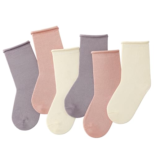 JAKIDAR Girls Crew Seamless Socks Kids Casual Dress Cotton Socks 6 Pairs