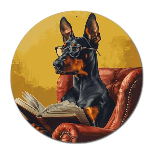 Lygond Metal Sign Doberman Pinscher Reading Companion Tin Sign A Literary Protector for Home Decor Doberman Fans and Reading Nooks Easy to Install Durable Aluminum Funny Sign for Gift 8×8 Inches