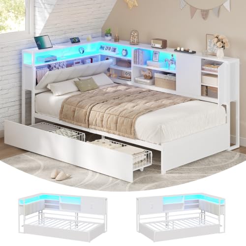 KIMENICH Cama tapizada sofá Cama 90 x 200 cm con iluminación LED, estación de Carga, Camas Juvenil con 2 cajones y somier de láminas de Metal, cabecero con Almacenamiento, estantes Abiertos, Blanco