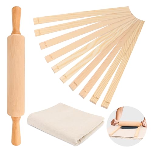 12 Pcs Pottery Tools Teaching Set, Include17in Slab Roller for Clay Pottery and 10 Pcs 5 Size Wooden Rolling Pin Guides, 1 Linen Tablecloth for Ceramic Clay Making