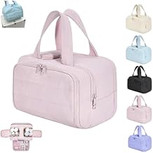 Elouva Toiletry Bag, Large Capacity Wide-Open Travel Cosmetic Bag, 4-in-1 Travel Organizer, Portable Puffy Stand Up Waterproof Makeup Bag with Handle for Accessories, Essentials, Toiletries Pink