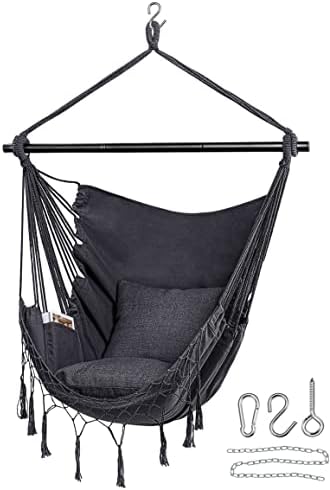 Jelofly Hammock Chair Large Hanging Rope Swing Seat Chair with Pocket Max 350 Lbs Superior Comfortable for Indoor Outdoor Home Bedroom Garden, Seat Cushions Not Included (Dark Grey)