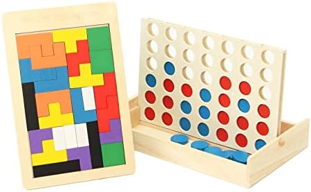 Building Blocks Puzzle Brain Teaser Toy Jigsaw Puzzle and Wooden 4 in a Row Connect Game Set Family Picnic Camping Party Travel Classic Board Games