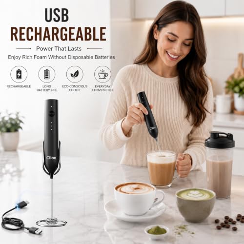 Cilox Rechargeable Milk Frother Handheld with 3-Speed & 3 Detachable Stainless Whisks with Stand, Electric Whisk Frother Wand, Mixer Wand for Coffee, Lattes, Cappuccino & Matcha — view 5