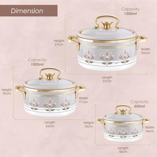 Image of Nayasa Rachel Casserole- Small Set of 3, 500, 1000, 1500 ML | BPA Free | Food Grade | Easy to Carry | Easy to Store | Hot Pot for Kitchen | Roti Box | Grey