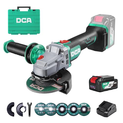 Akku-Winkelschleifer 125mm 20V DCA 630W Bürstenloser Motor Akku Flex Trennschleifer Anti-Vibrations-Griff 8500U/min 4.0Ah Akku & Ladegerät Schnellverschlussabdeckung 4 Fächer- 2 Trennscheiben