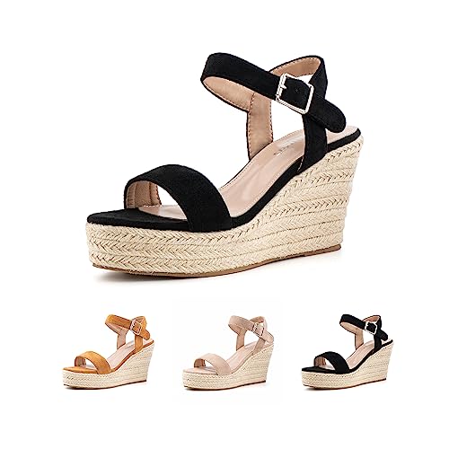 Womens Sandals Wide Fit Platform Ladies Sandals Summer High Heel Wedge Strappy Open Toe Sandals Comfy Slingback Wedding Espadrille Black UK Size 5