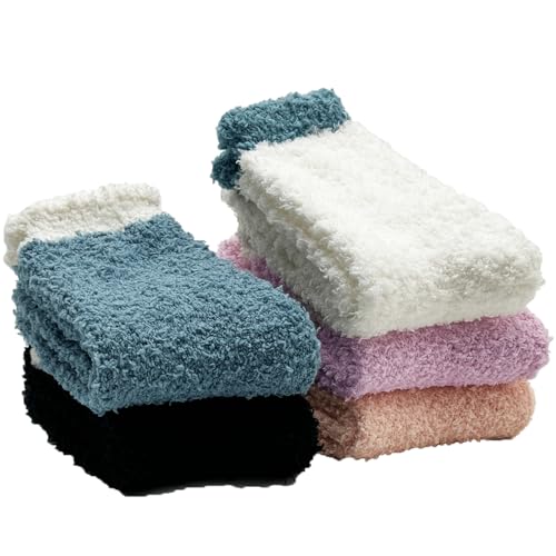 Image of Josnown Fuzzy Socks for Women, Cozy Fluffy Slipper Sleep Socks 5 Pairs