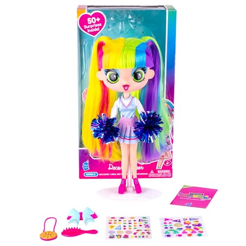 Decora Fashion Girlz Doll – Decora Cheerleader 11” Poseable Fashion Doll with Long Rainbow Hair, 50+ Surprises, Fabric Outfit, Removable Stickers, Accessories & Doll Stand, Collectible for Girls 4–9