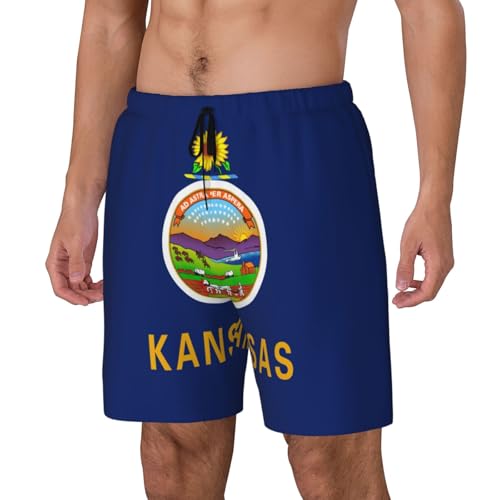 Kansas State Flag Mens Double Polyester Swimsuit Trunks Swim Shorts with Compression Liner and Patch Pocket.2
