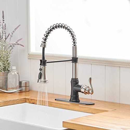 Bwe Kitchen Sink Faucet Brushed Nickel With Matte Black Single Handle Single Lever With Pull Down Spring 3 Function Kitchen Faucet Lead-Free Deck Mount High Arc Gooseneck Commercial Bar Faucets #TOP4
