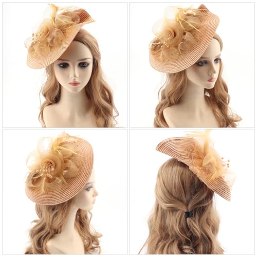 DRESHOW Fascinators Hat Flower Mesh Feathers Hat with a Headband and a Clip 7.9\" Tea Party Headwear for Women - Thumbnail 4