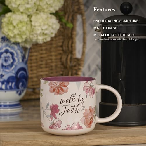 Image of Christian Art Gifts Inspirational Scripture Ceramic Coffee & Tea Mug for Women: Walk by Faith Encouraging Bible Verse, Shiny Foil Accents, Sturdy Handle, White & Pink Multicolor Floral, 14 oz.