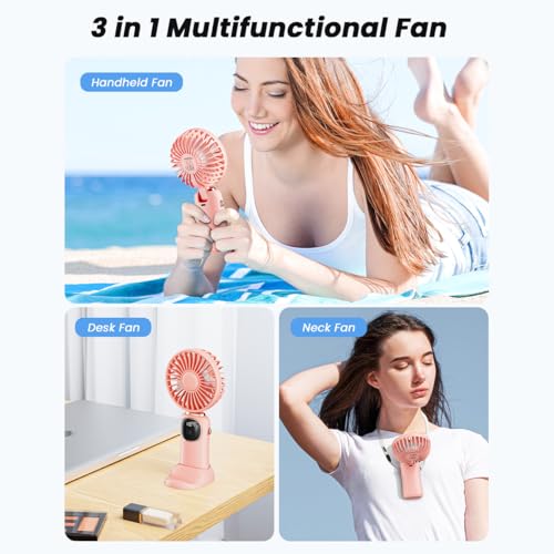 Image of coldSky Desk Fan, Portable Handheld Fan, 4000mAh Battery Operated With LED Display, 3 in 1 Personal Small Handheld Neck Desk, 90 Foldable With Base, 5 Speed (Pink)