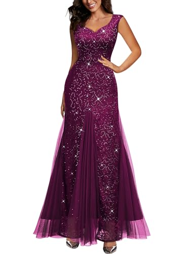 Image of Miusol Women's Elegant V Neck Sleeveless Sequin Lace Evening Party Dress