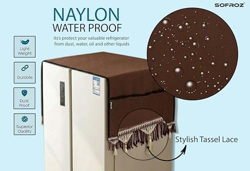 Image of Refrigerator Side by Side Door Waterproof, Dustproof, Protective Cover for Fridges with Extra Storage Space Nylon Top Cover with 6 Storage Pockets (170 x 65 cm) (Brown Lace)