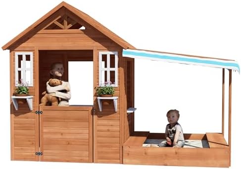 BIRASIL Kids Playhouse with Sandbox, Wooden Outdoor Cottage Play House with Sand Pit for Backyard Garden Ages 3 to 10 Years Old (Brown)