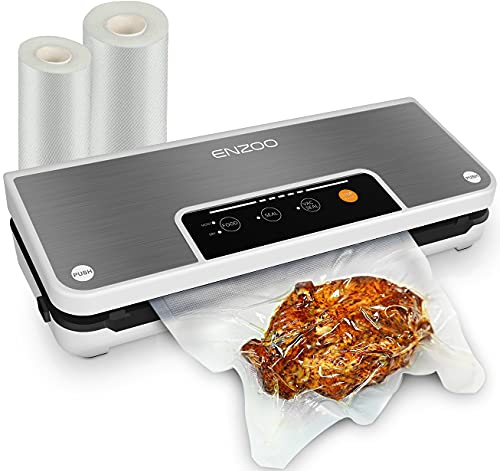 ENZOO Vacuum Sealer Machine, Automatic Vacuum Air Sealing System for Food Preservation with Built-in Cutter w/Starter Kit|Led Indicator Lights|Easy to Clean|Dry & Moist Food Modes White